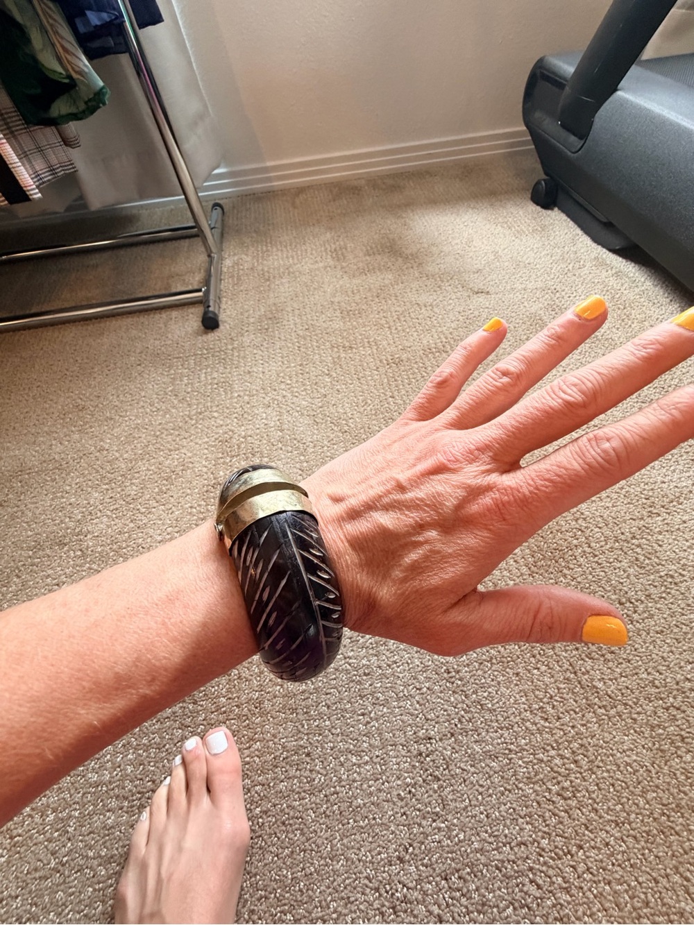 Vintage Heavy Carved Wood Hinged Bangle with Brass Accents made in India - Picture 7 of 12